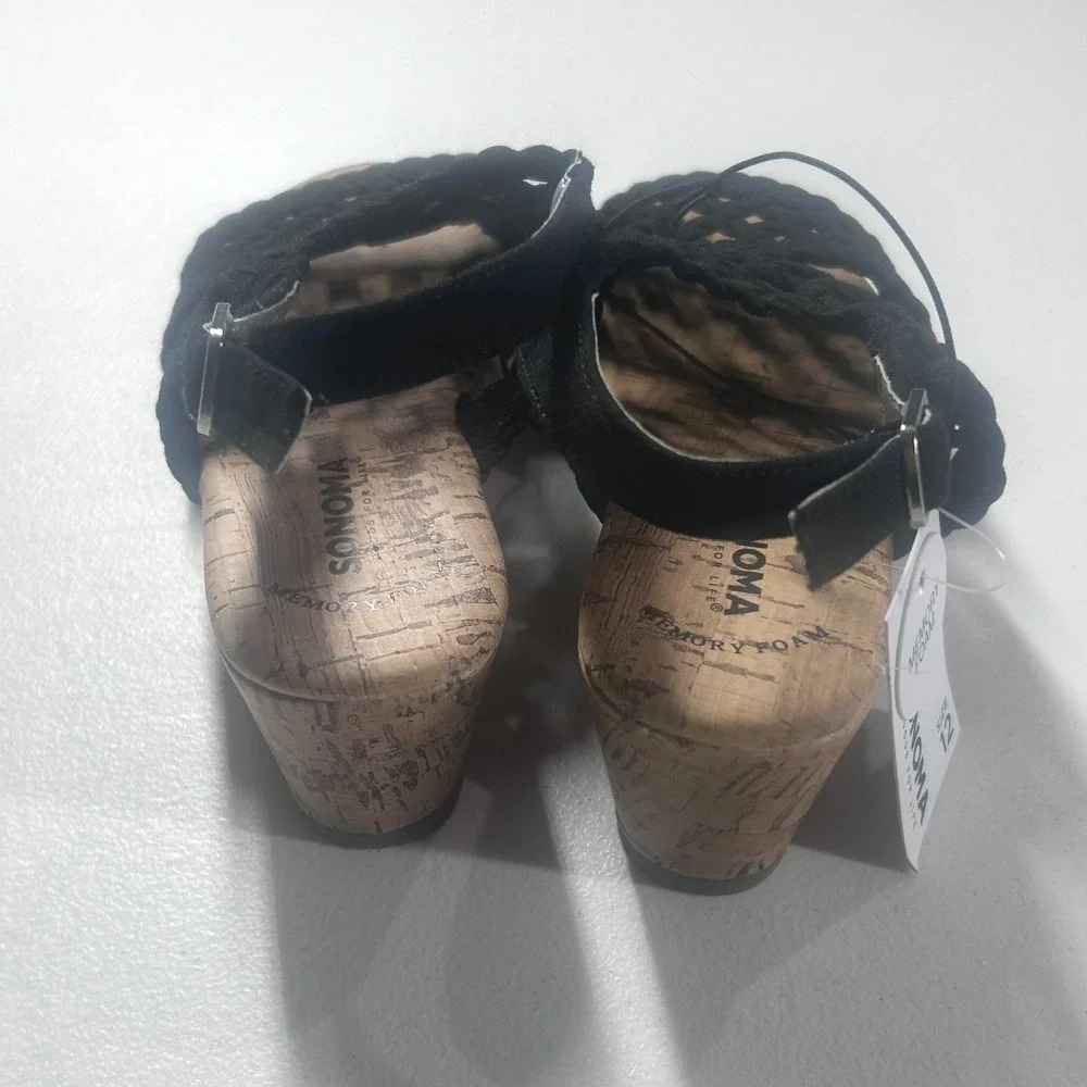 Sonoma Goods For‎ Life Black Woven Cork Wedge Sandals Kids Size 12 Memory Foam